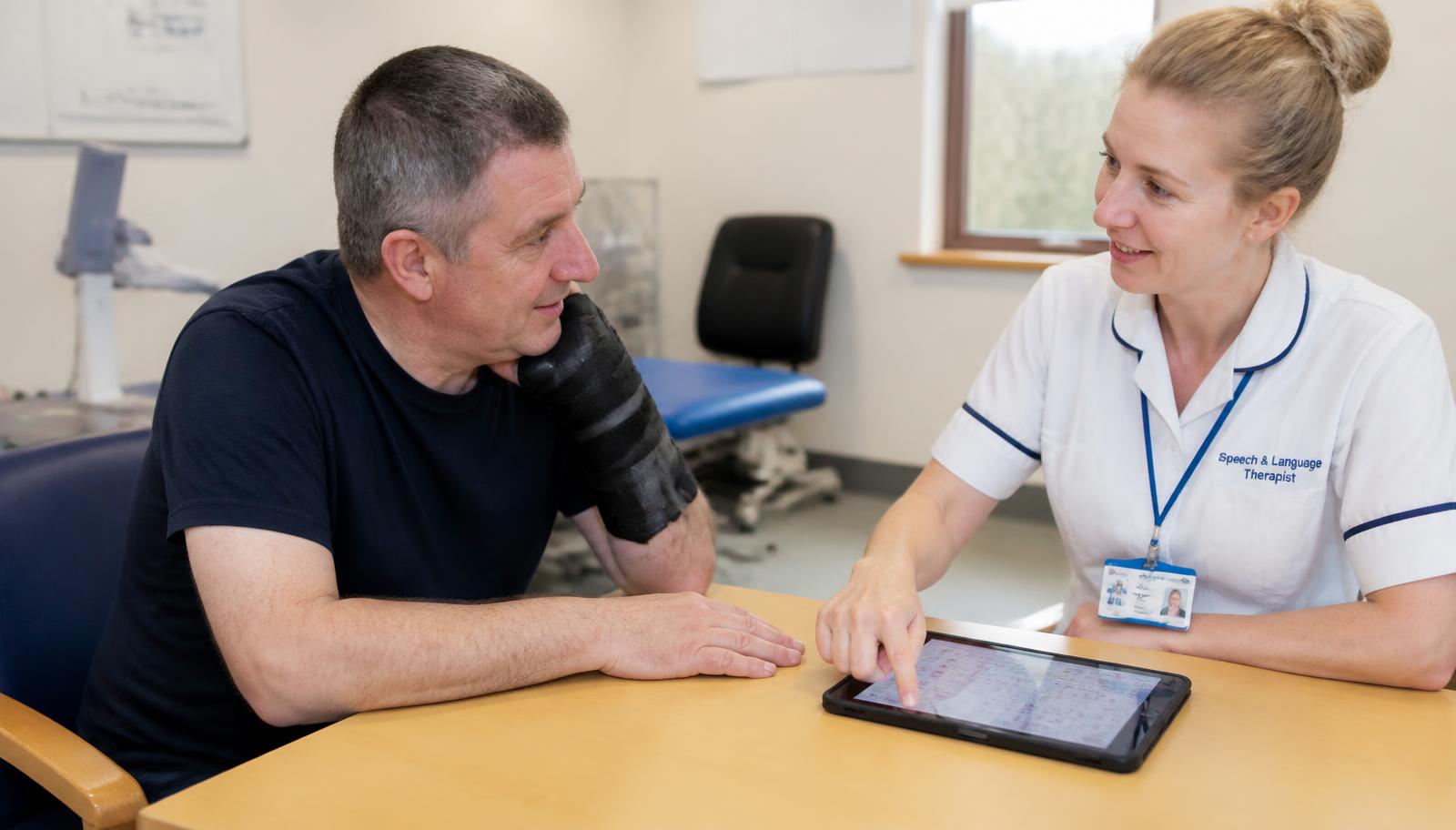 Therapist supporting communication with a stroke patient using a tablet